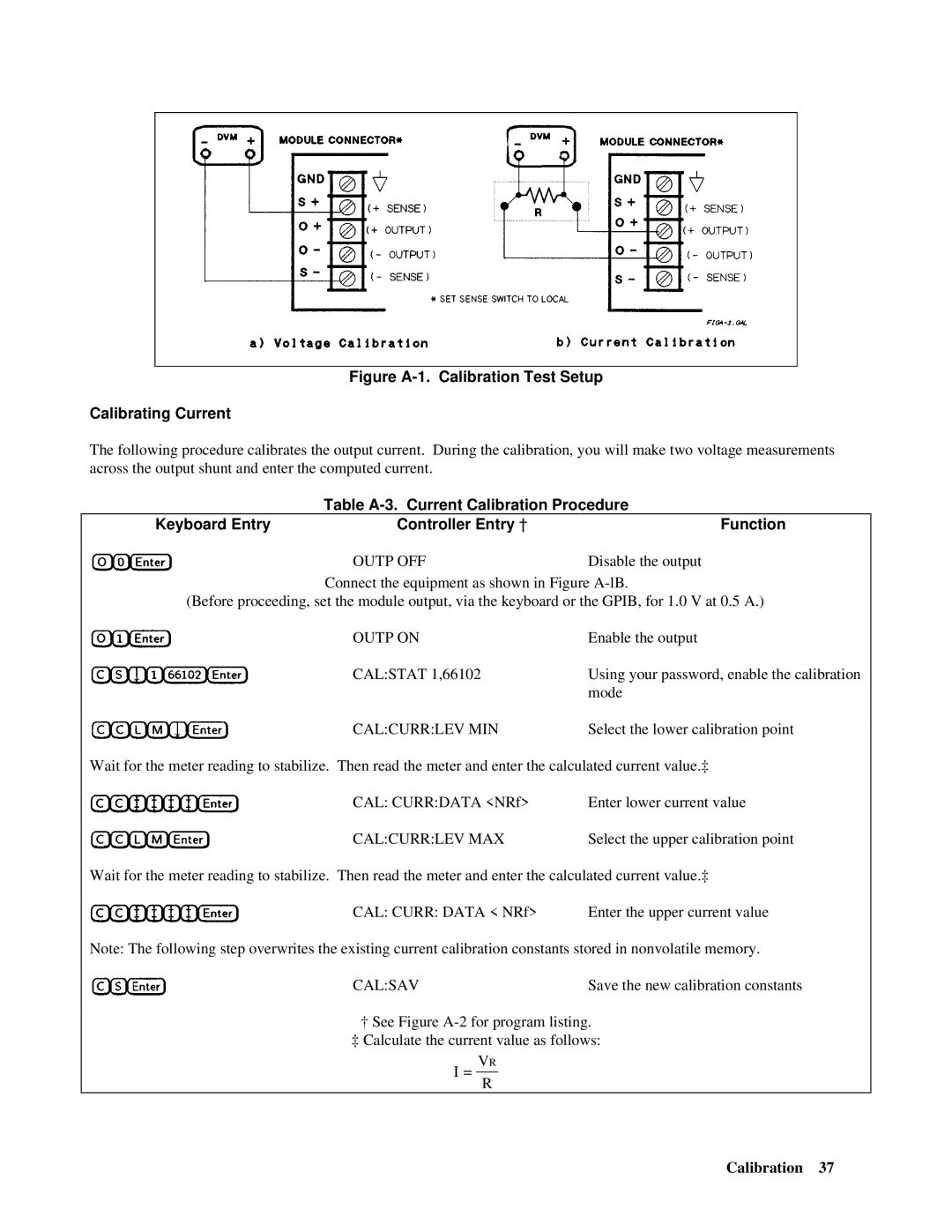 Agilent Technologies 66001A Table A-3. Current Calibration Procedure, Disable the output, Calcurrlev MIN, Calcurrlev MAX 