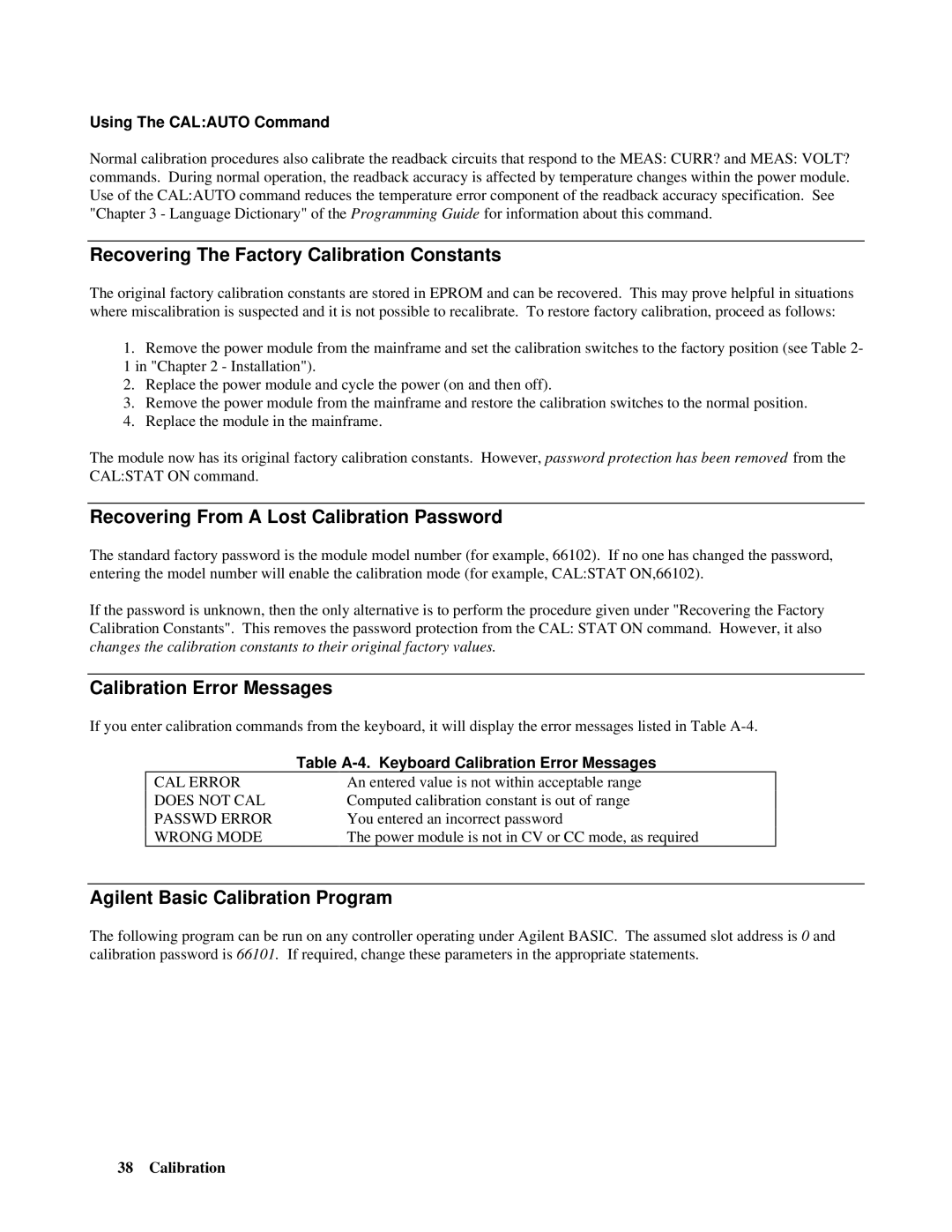 Agilent Technologies 66001A Recovering The Factory Calibration Constants, Recovering From a Lost Calibration Password 