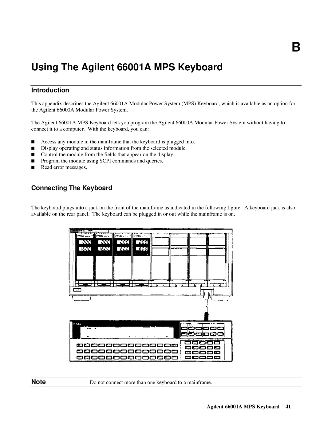 Agilent Technologies manual Using The Agilent 66001A MPS Keyboard, Connecting The Keyboard 