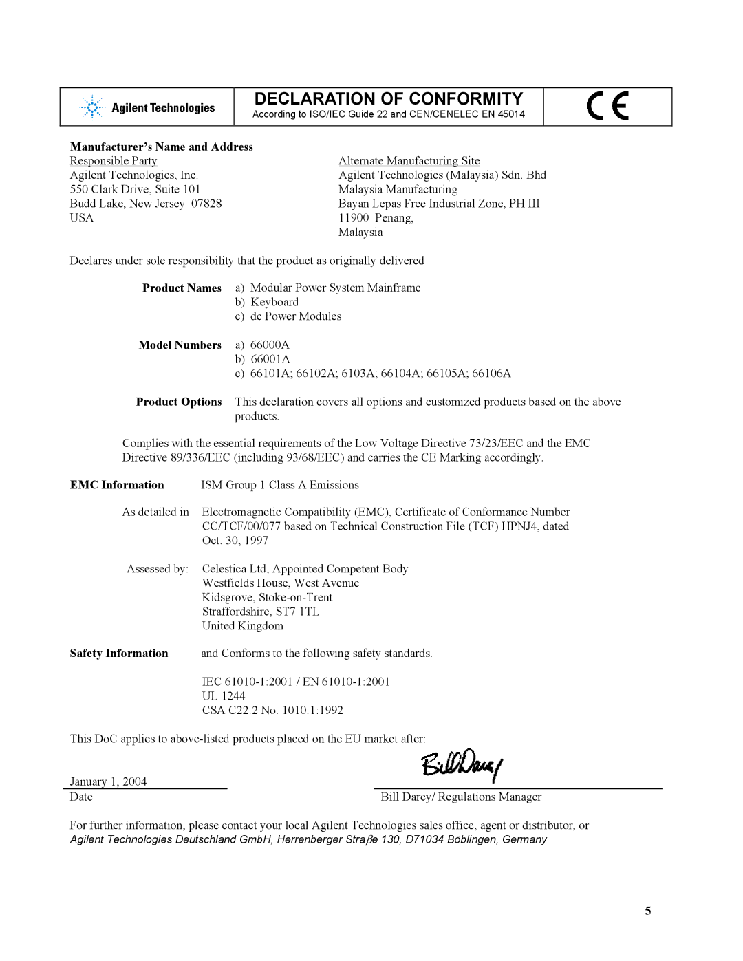 Agilent Technologies 66001A manual Manufacturer’s Name and Address, Usa, Model Numbers a 66000A 