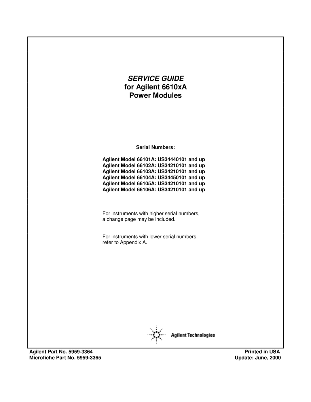 Agilent Technologies 6610XA appendix Service Guide, Agilent Part No Microfiche Part No Update June 