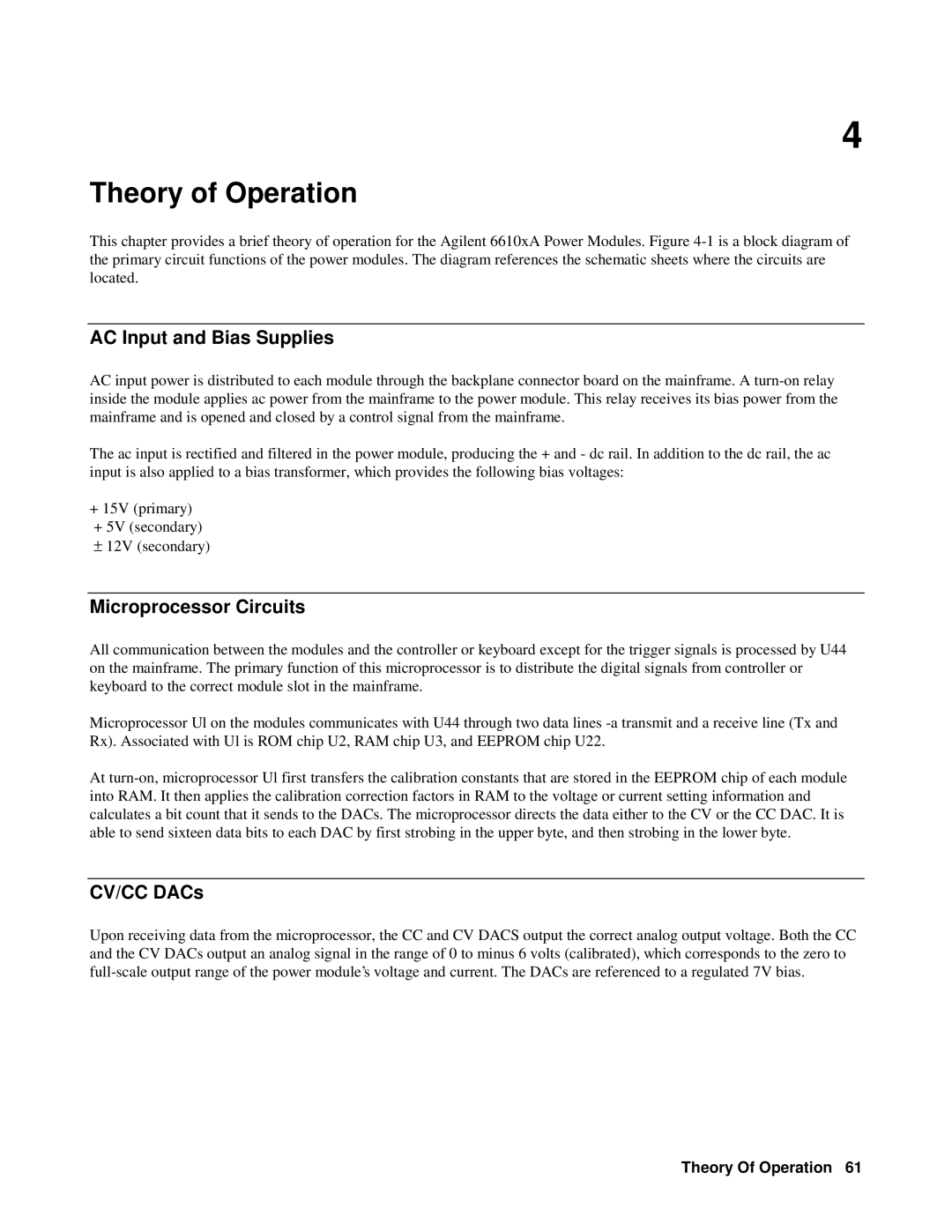 Agilent Technologies 6610XA appendix AC Input and Bias Supplies, Microprocessor Circuits, CV/CC DACs, Theory Of Operation 