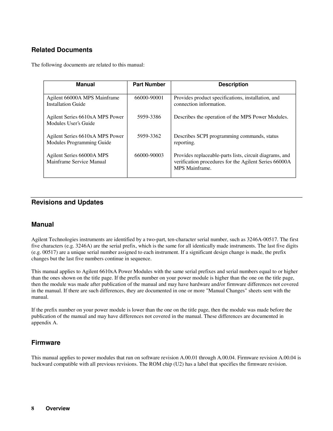 Agilent Technologies 6610XA Related Documents, Revisions and Updates Manual, Firmware, Manual Part Number Description 