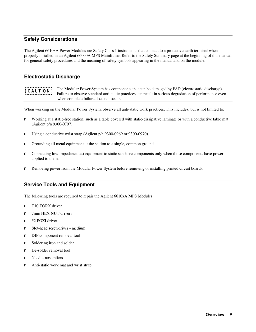 Agilent Technologies 6610XA appendix Safety Considerations, Electrostatic Discharge, Service Tools and Equipment 