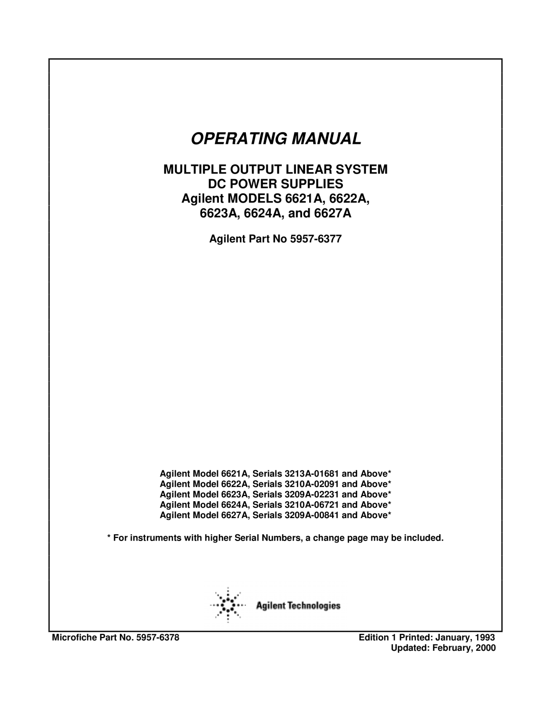 Agilent Technologies 6627A, 6621A, 6622A, 6623A, 6624A manual Operating Manual, Agilent Part No 