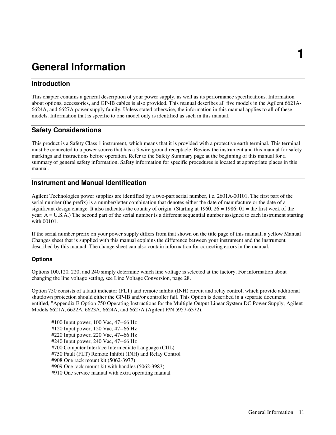 Agilent Technologies 6621A General Information, Introduction, Safety Considerations, Instrument and Manual Identification 