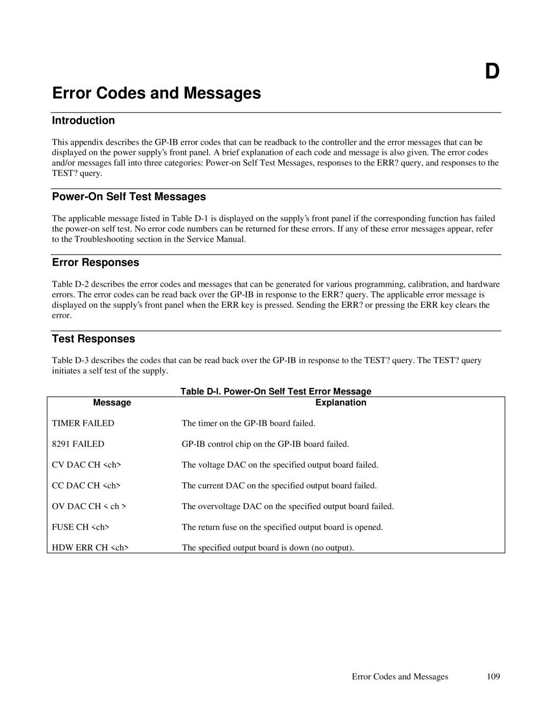 Agilent Technologies 6623A, 6621A Error Codes and Messages, Power-On Self Test Messages Error Responses, Test Responses 