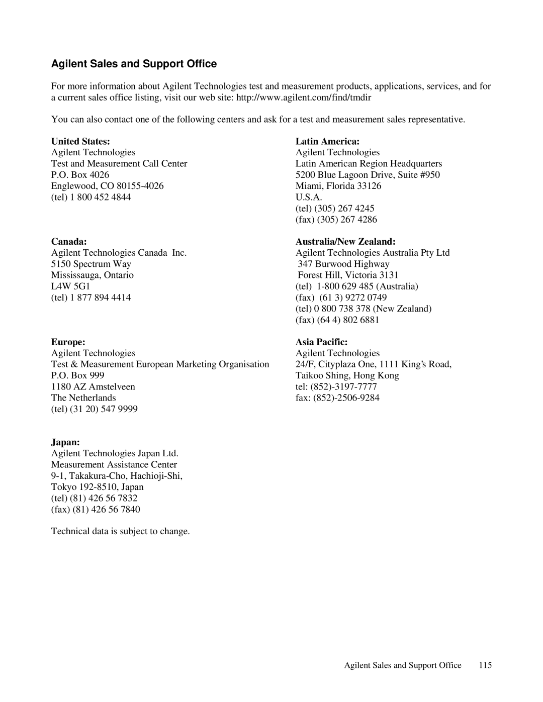 Agilent Technologies 6623A, 6621A, 6627A, 6622A, 6624A manual Agilent Sales and Support Office, United States Latin America 