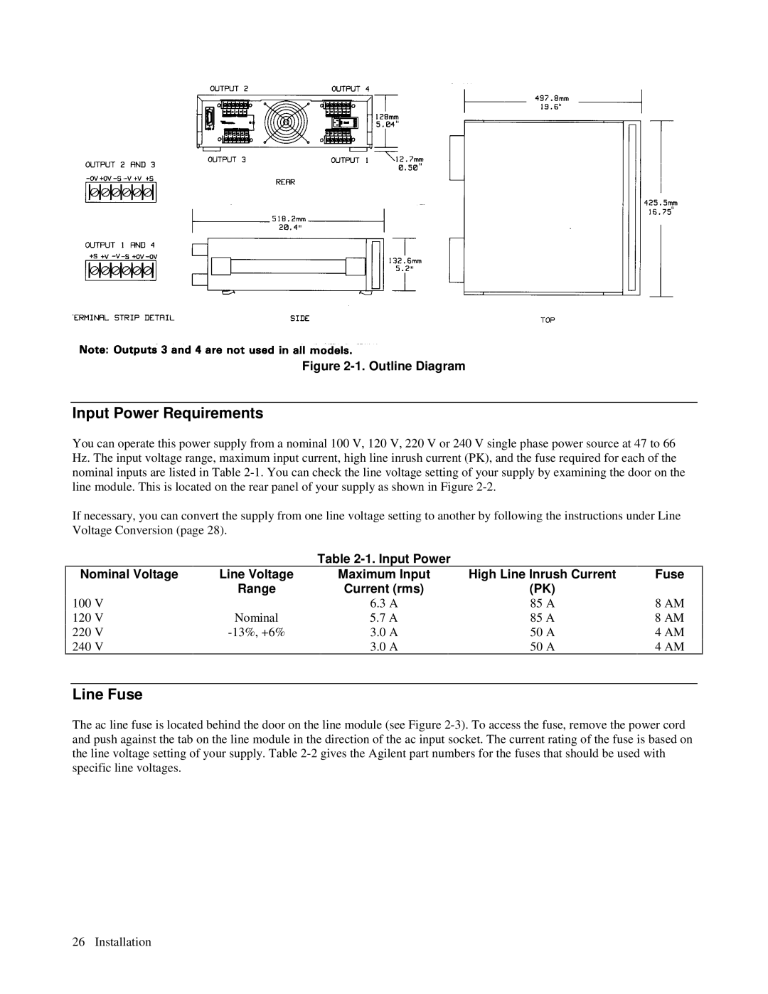 Agilent Technologies 6621A, 6627A, 6622A, 6623A, 6624A manual Input Power Requirements, Line Fuse 