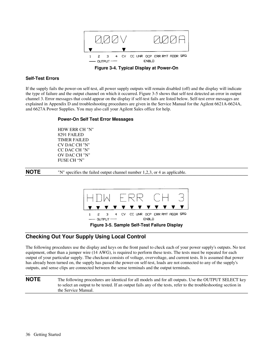 Agilent Technologies 6624A, 6621A, 6627A Checking Out Your Supply Using Local Control, Sample Self-Test Failure Display 