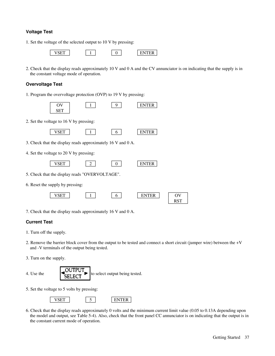 Agilent Technologies 6621A, 6627A, 6622A, 6623A, 6624A manual Voltage Test, Overvoltage Test, Current Test 