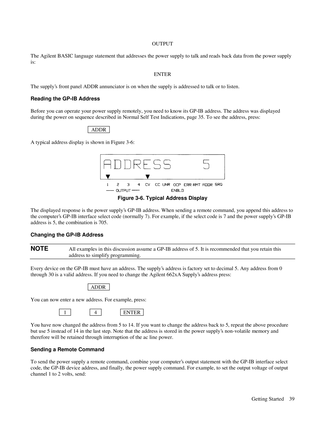 Agilent Technologies 6622A, 6621A Output, Reading the GP-IB Address, Changing the GP-IB Address, Sending a Remote Command 