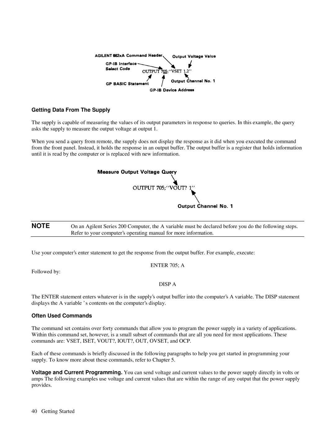 Agilent Technologies 6623A, 6621A, 6627A, 6622A, 6624A manual Getting Data From The Supply, Disp a, Often Used Commands 