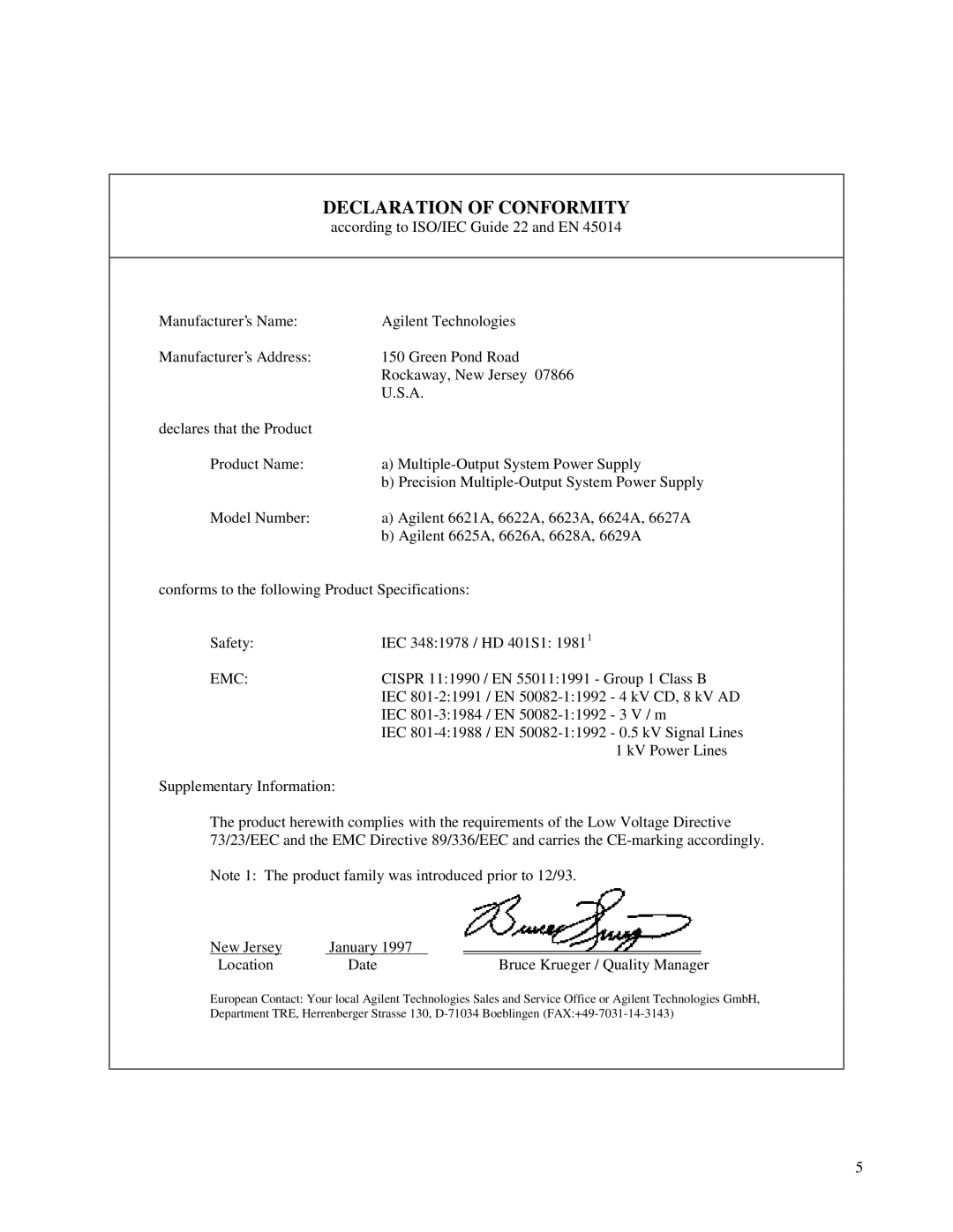 Agilent Technologies 6621A, 6627A, 6622A, 6623A, 6624A manual Declaration of Conformity, Emc 