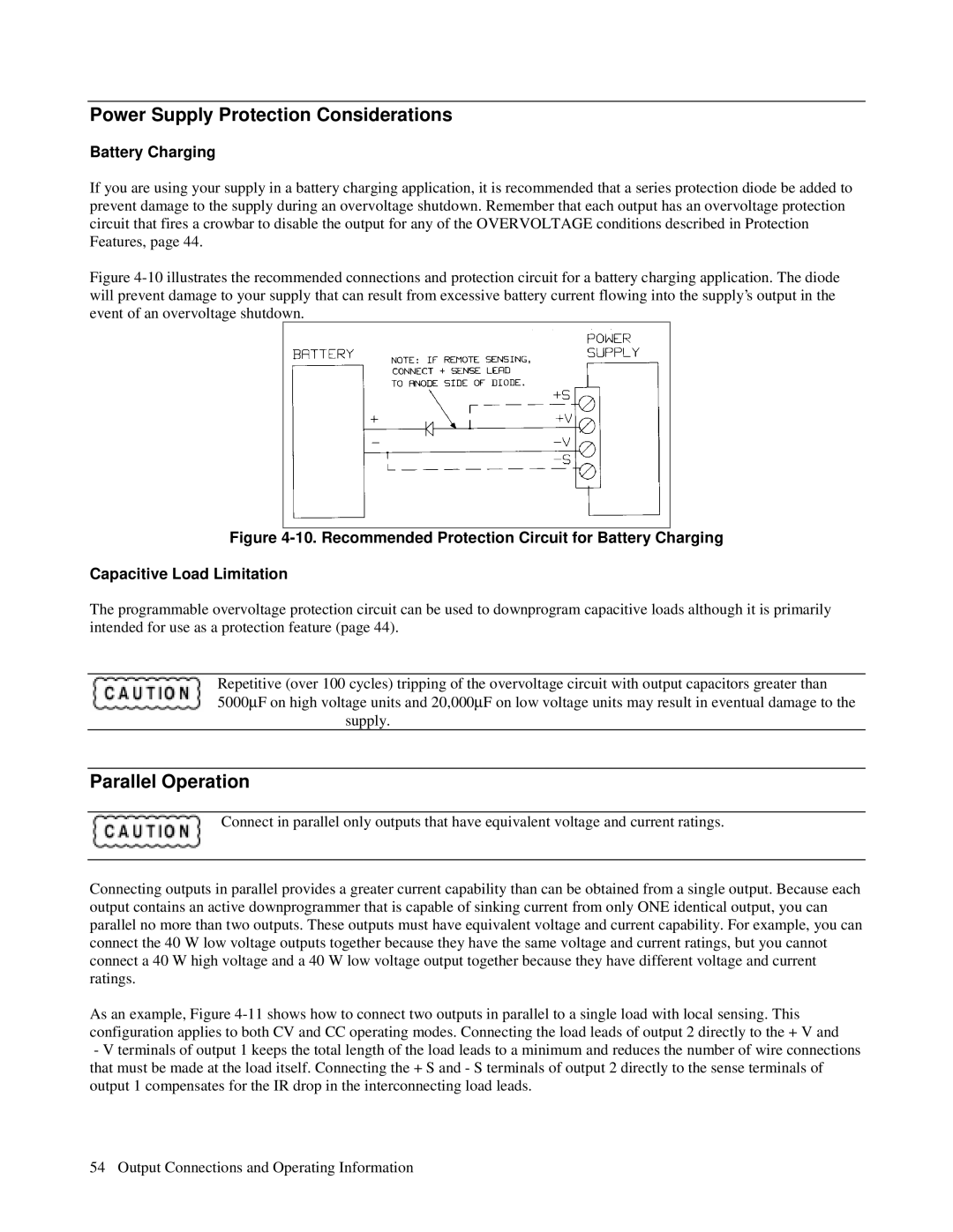 Agilent Technologies 6622A, 6621A, 6627A, 6623A Power Supply Protection Considerations, Parallel Operation, Battery Charging 