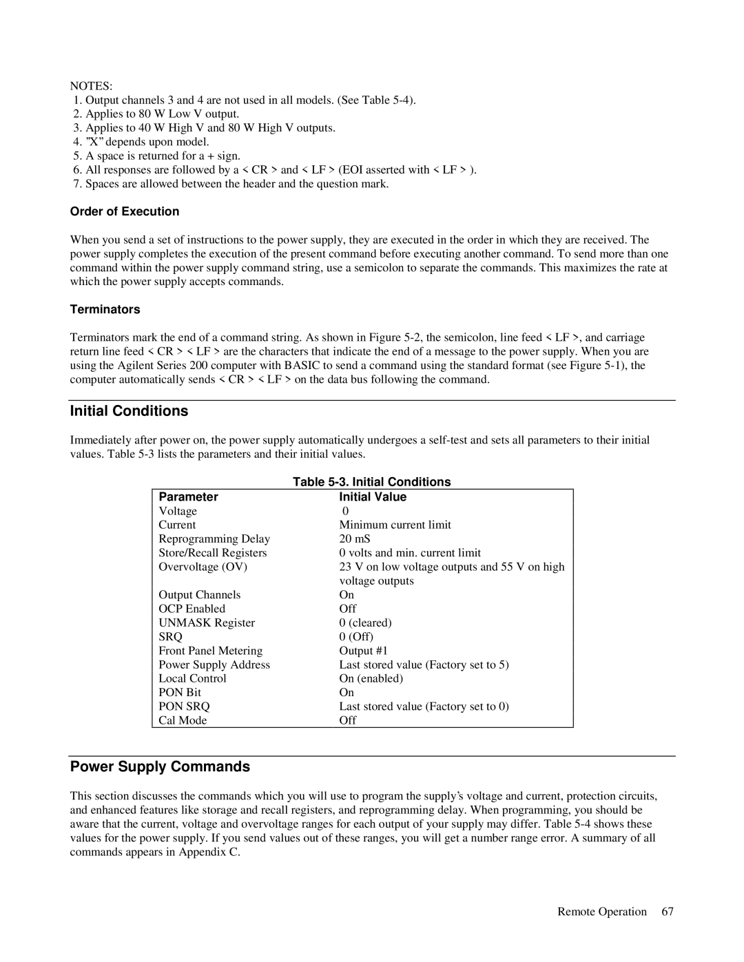 Agilent Technologies 6624A, 6621A, 6627A, 6622A, 6623A manual Initial Conditions, Power Supply Commands 