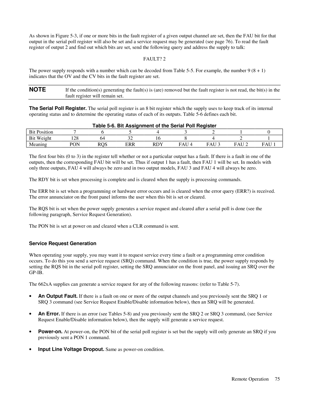 Agilent Technologies 6622A, 6621A, 6627A, 6623A manual Fault?, Bit Assignment of the Serial Poll Register, Pon Rqs Err Rdy Fau 