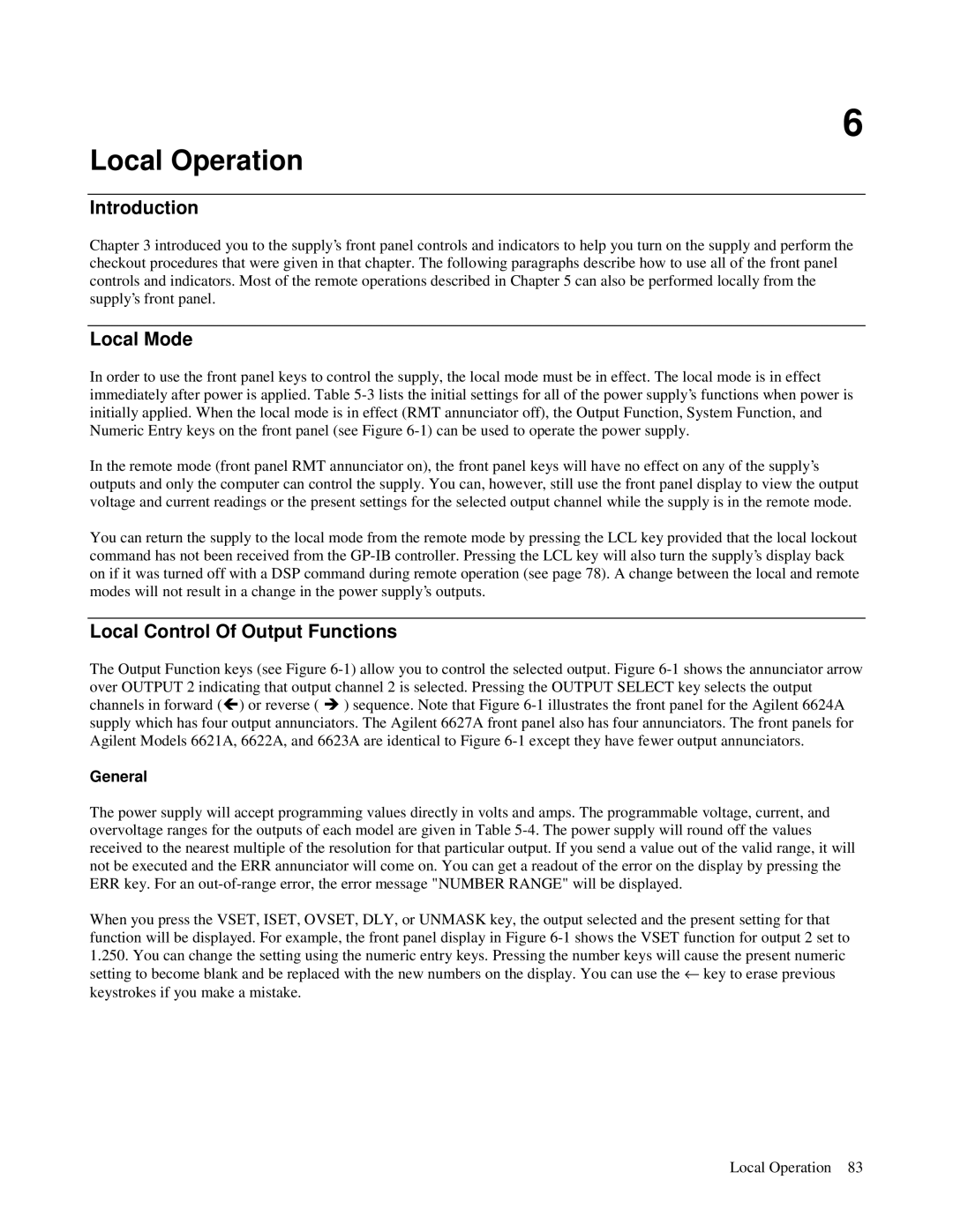Agilent Technologies 6624A, 6621A, 6627A, 6622A manual Local Operation, Local Mode, Local Control Of Output Functions, General 