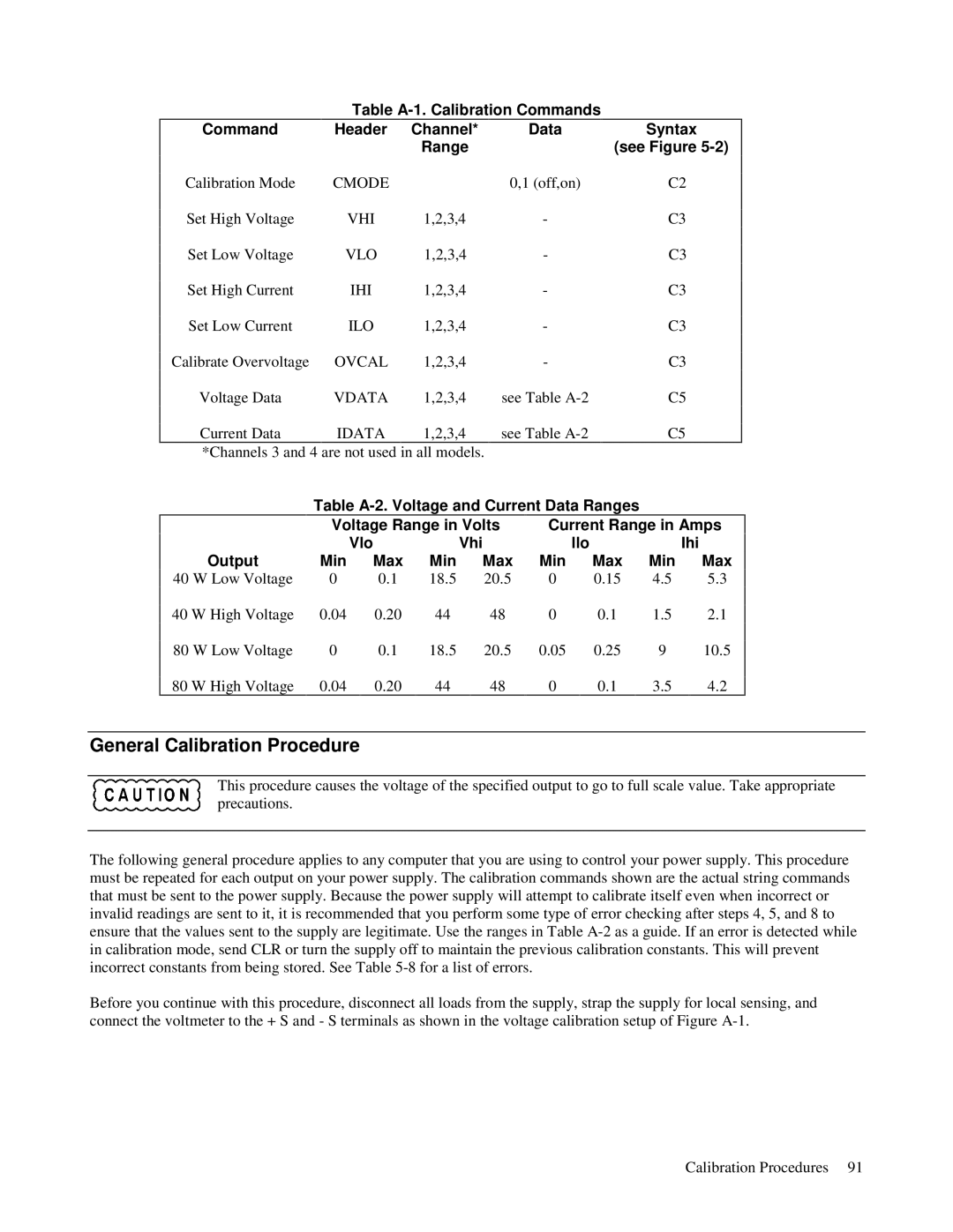 Agilent Technologies 6627A General Calibration Procedure, Table A-1. Calibrat ion Commands Header Channel Data Syntax 