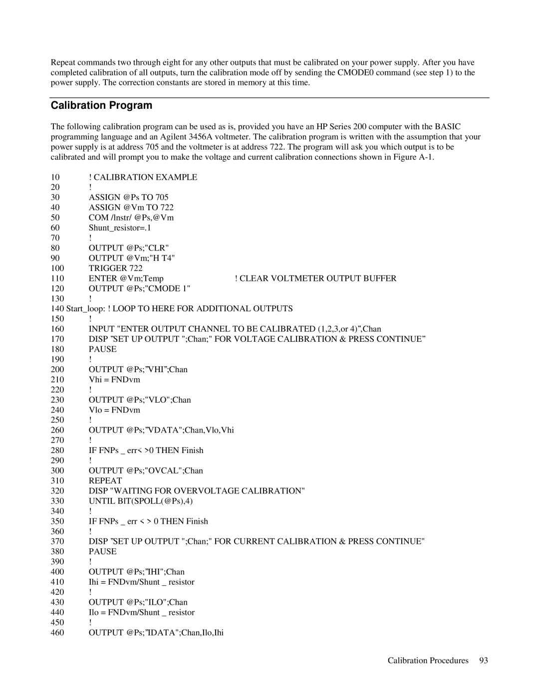 Agilent Technologies 6623A, 6621A manual Calibration Program, 10 ! Calibration Example, Clear Voltmeter Output Buffer, Pause 