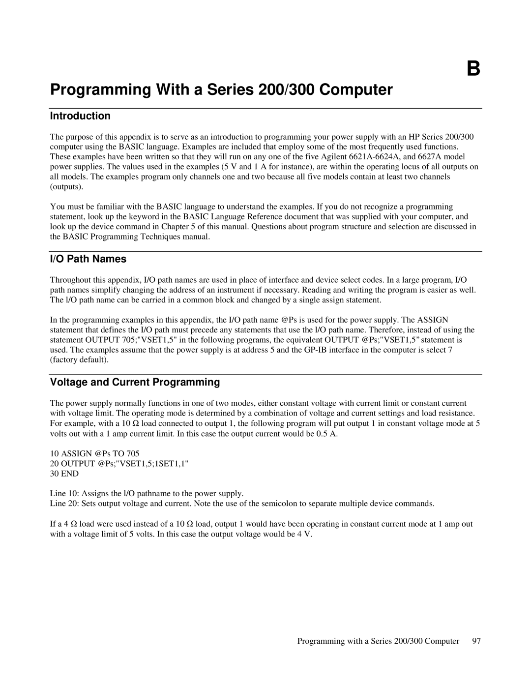 Agilent Technologies 6627A, 6621A Programming With a Series 200/300 Computer, Path Names, Voltage and Current Programming 