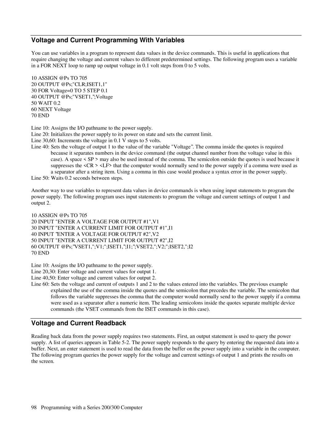 Agilent Technologies 6622A, 6621A, 6627A, 6623A Voltage and Current Programming With Variables, Voltage and Current Readback 