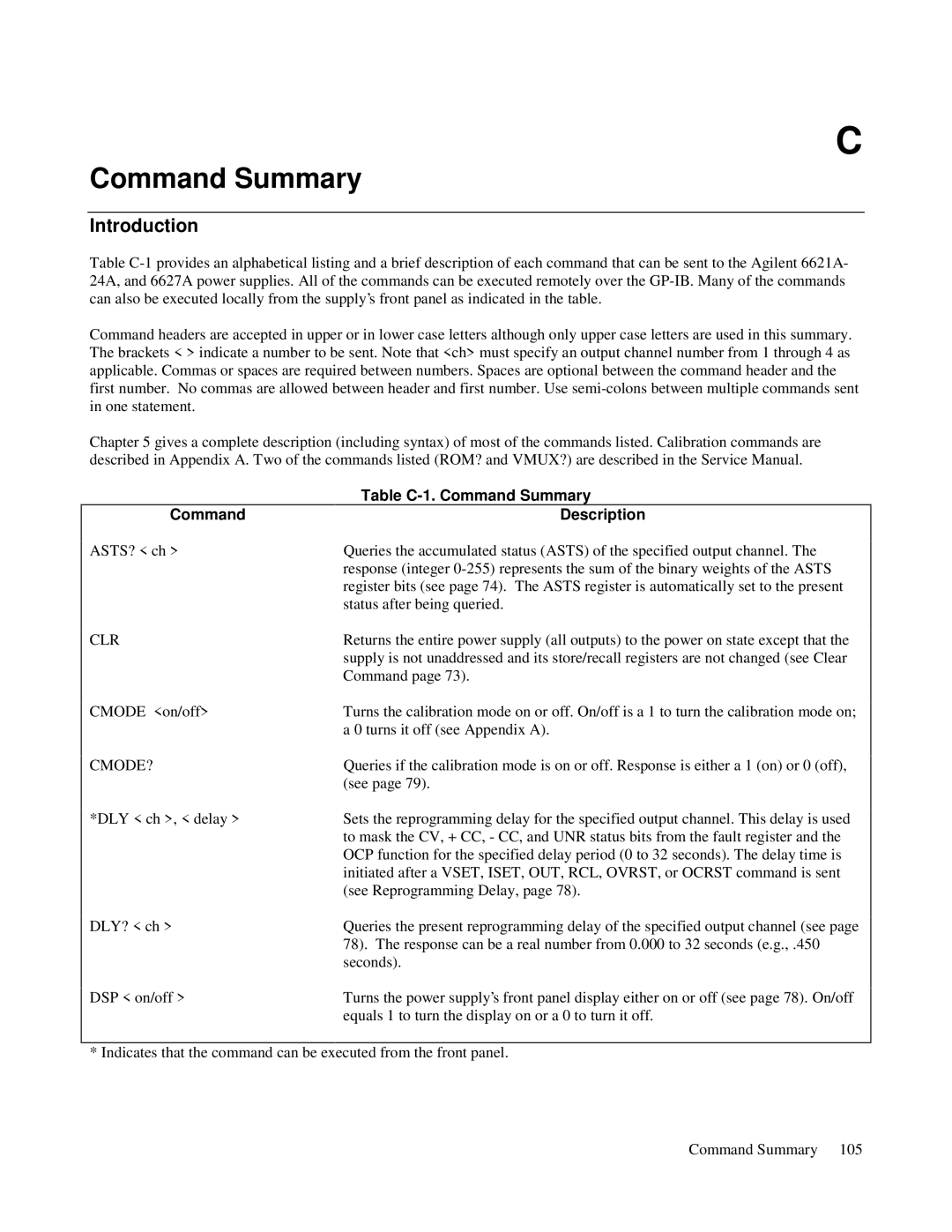 Agilent Technologies 6624A, 6621A, 6627A, 6622A, 6623A manual Table C-1. Command Summary, Command Description 