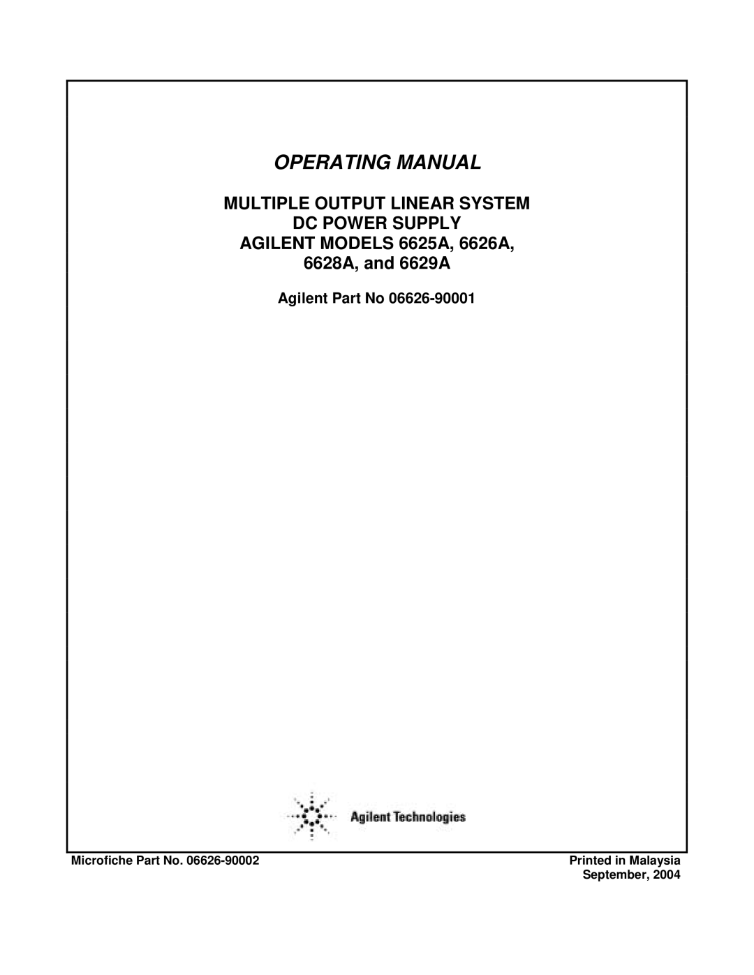 Agilent Technologies 6628A, 6626A, 6625A, 6629A manual Agilent Part No, Microfiche Part No September 