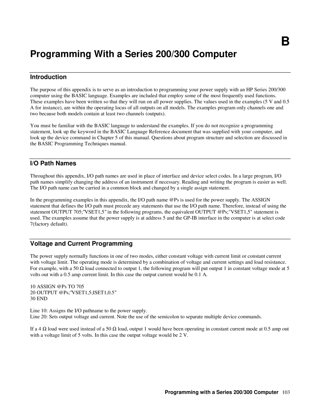 Agilent Technologies 6629A, 6626A Programming With a Series 200/300 Computer, Path Names, Voltage and Current Programming 