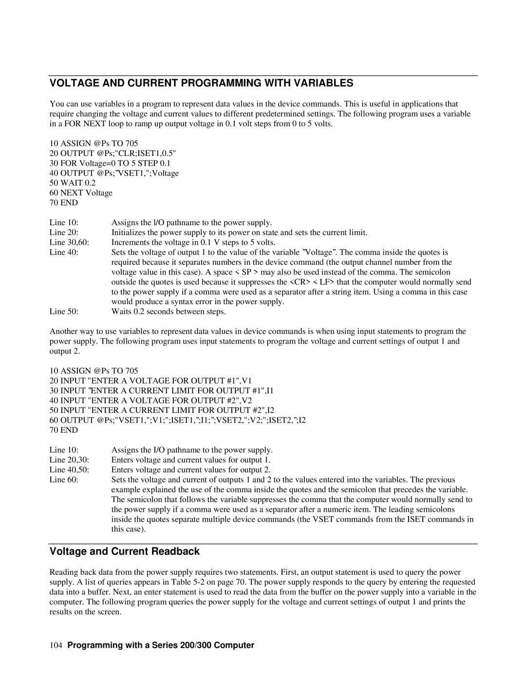 Agilent Technologies 6626A, 6628A, 6625A, 6629A Voltage and Current Programming with Variables, Voltage and Current Readback 