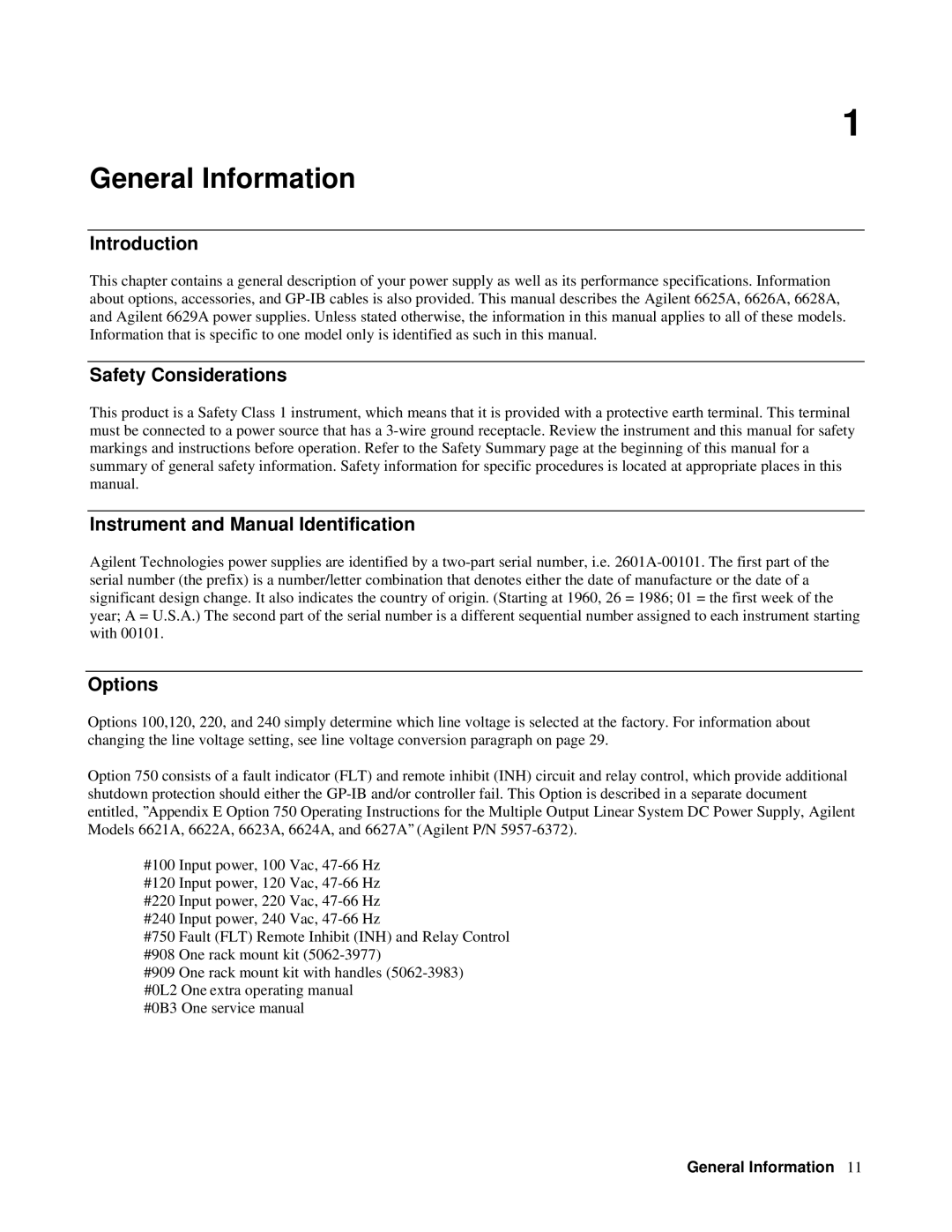 Agilent Technologies 6629A General Information, Introduction, Safety Considerations, Instrument and Manual Identification 