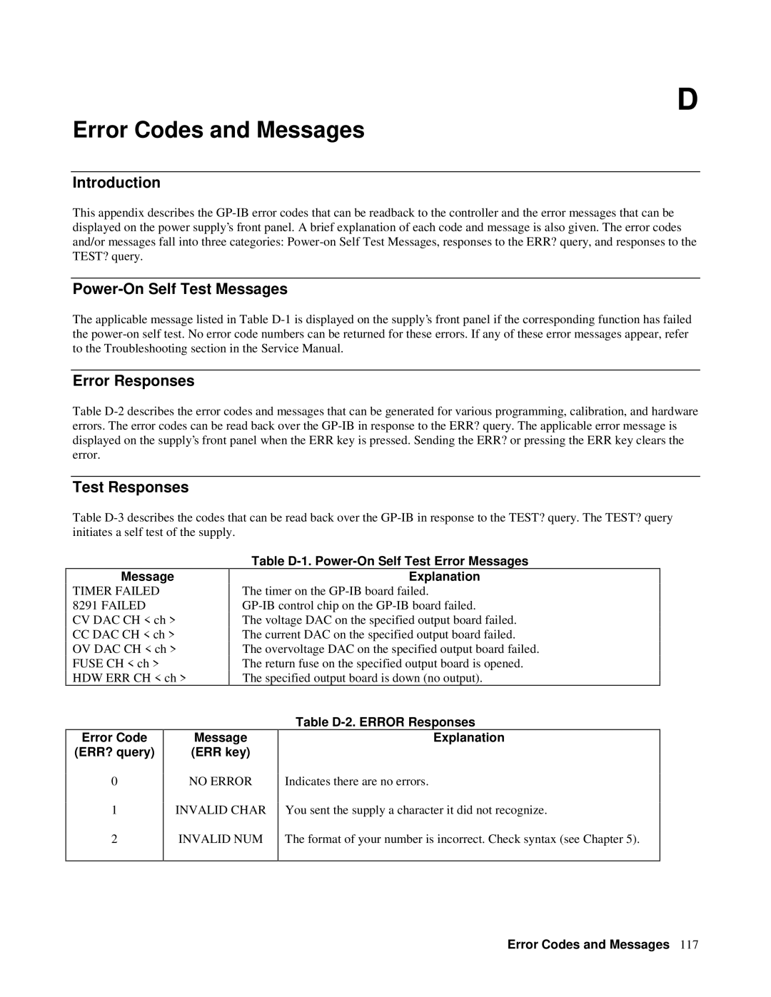 Agilent Technologies 6628A, 6626A Error Codes and Messages, Power-On Self Test Messages Error Responses, Test Responses 