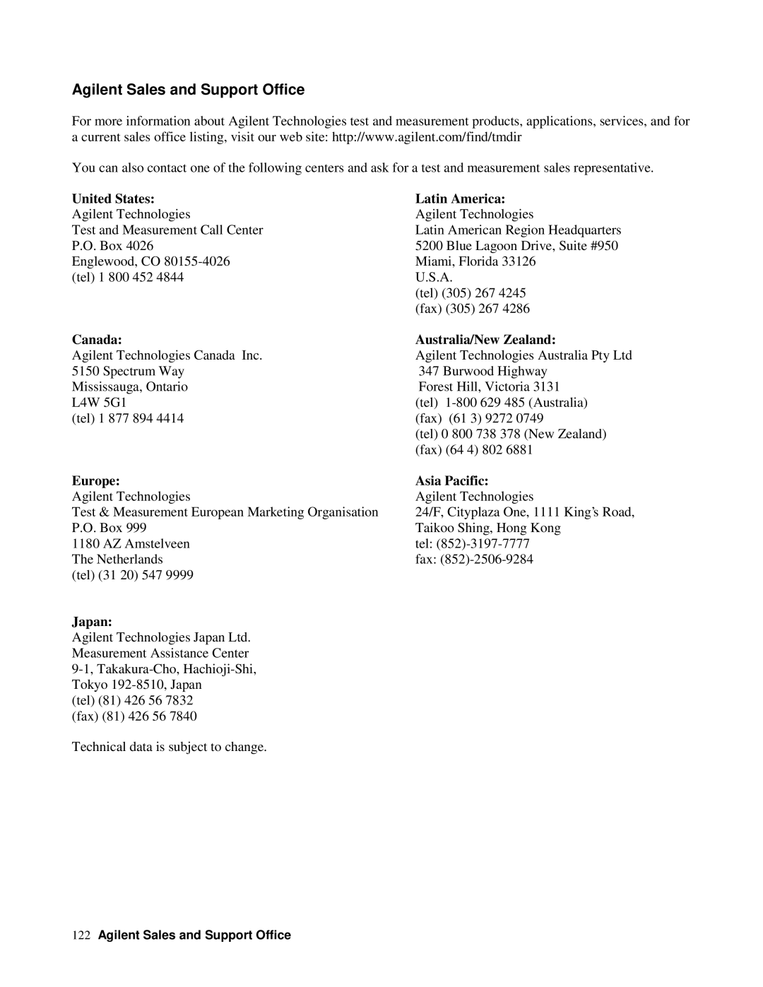 Agilent Technologies 6625A, 6626A, 6628A, 6629A manual Agilent Sales and Support Office, United States Latin America 