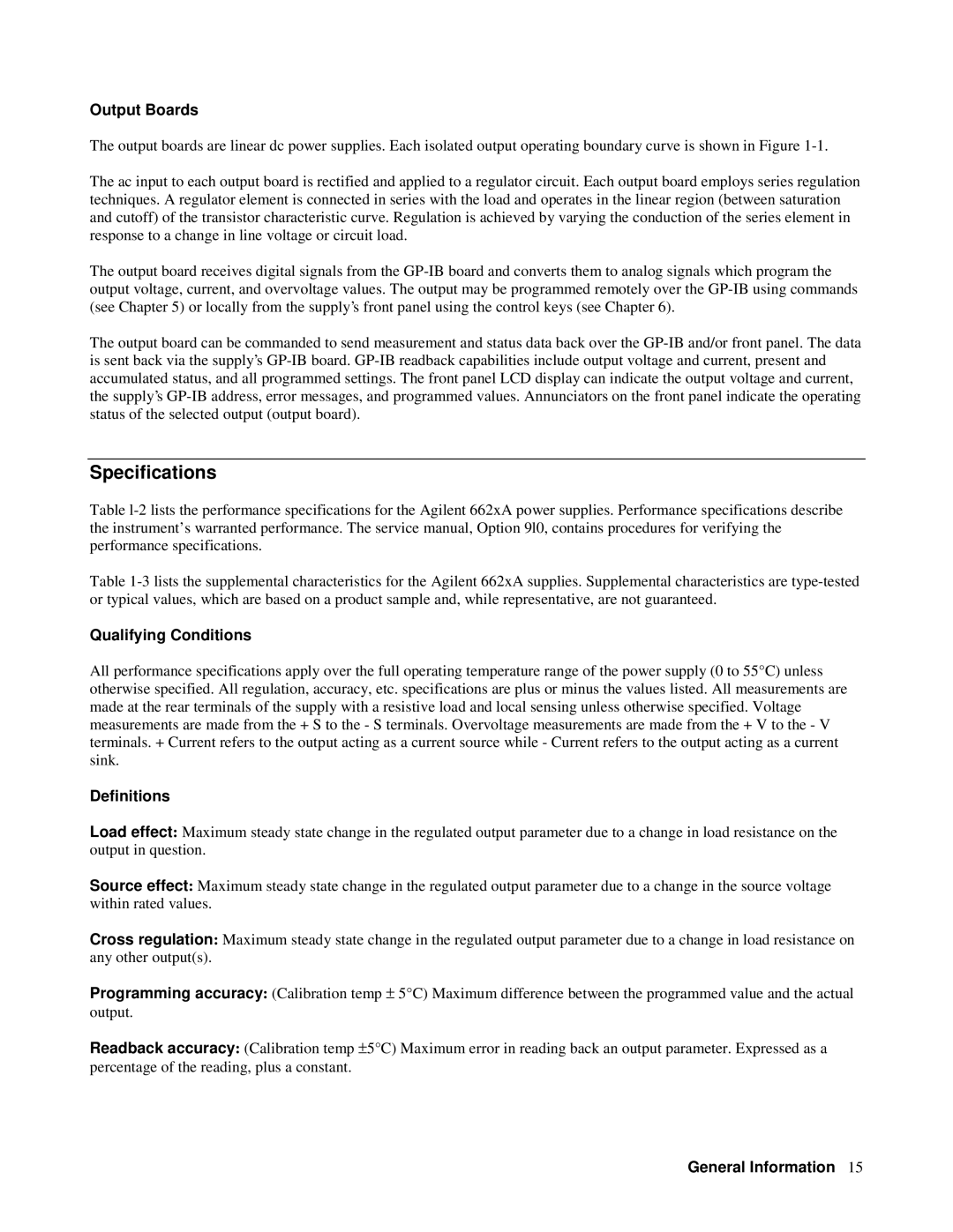 Agilent Technologies 6629A, 6626A, 6628A, 6625A manual Specifications, Output Boards, Qualifying Conditions, Definitions 