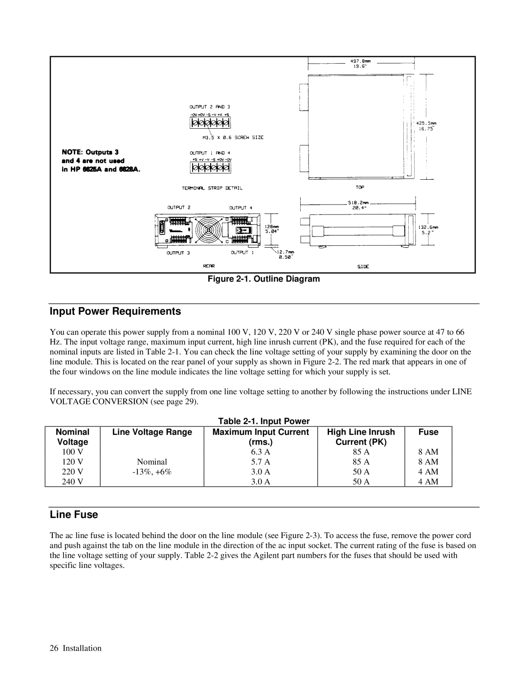 Agilent Technologies 6625A, 6626A, 6628A, 6629A Input Power Requirements, Line Fuse, Nominal Voltage, Line Voltage Range 