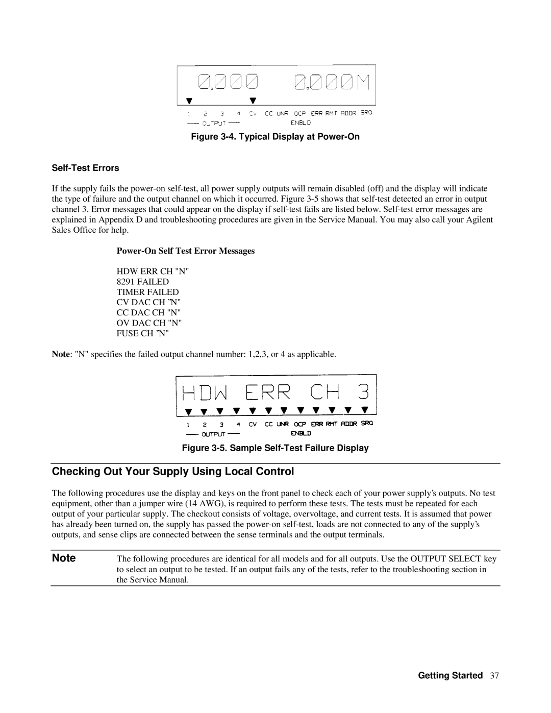 Agilent Technologies 6628A Checking Out Your Supply Using Local Control, Typical Display at Power-On Self-Test Errors 