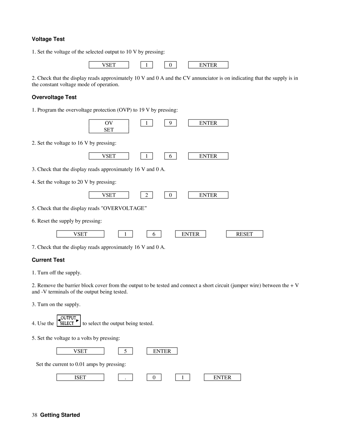 Agilent Technologies 6625A, 6626A, 6628A, 6629A manual Voltage Test, Overvoltage Test, Current Test 