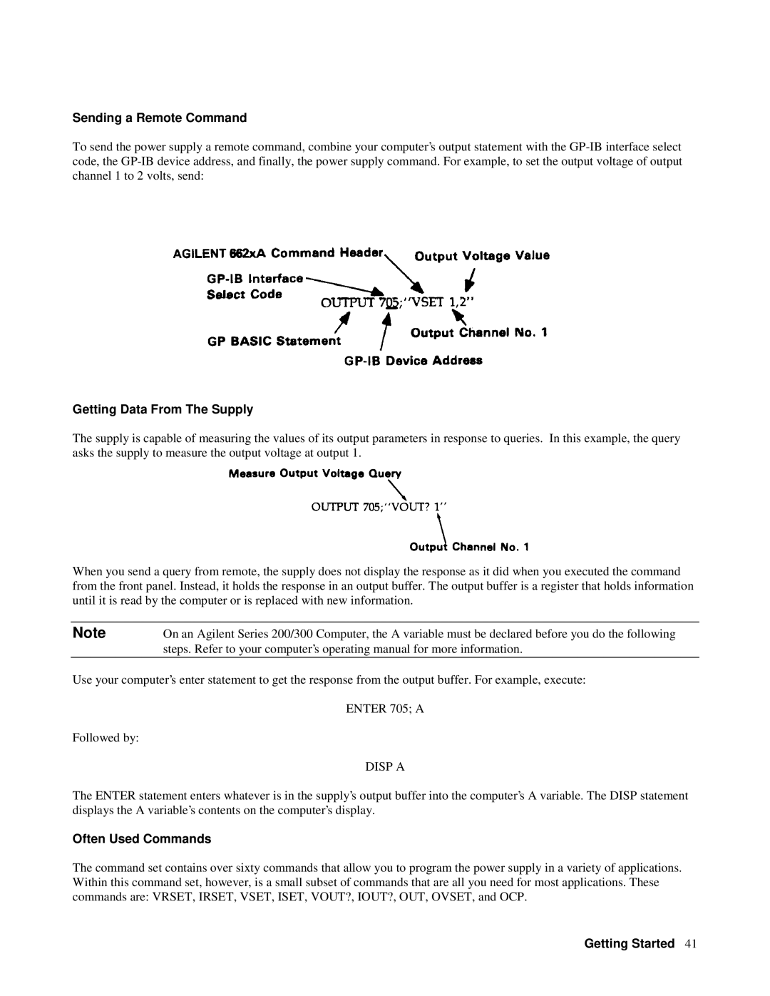 Agilent Technologies 6628A, 6626A manual Sending a Remote Command, Getting Data From The Supply, Disp a, Often Used Commands 