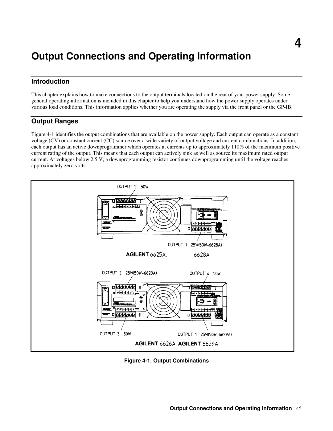 Agilent Technologies 6628A, 6626A, 6625A, 6629A manual Output Connections and Operating Information, Output Ranges 