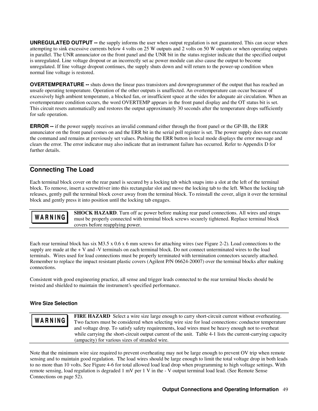 Agilent Technologies 6628A, 6626A, 6625A, 6629A manual Connecting The Load, Wire Size Selection 