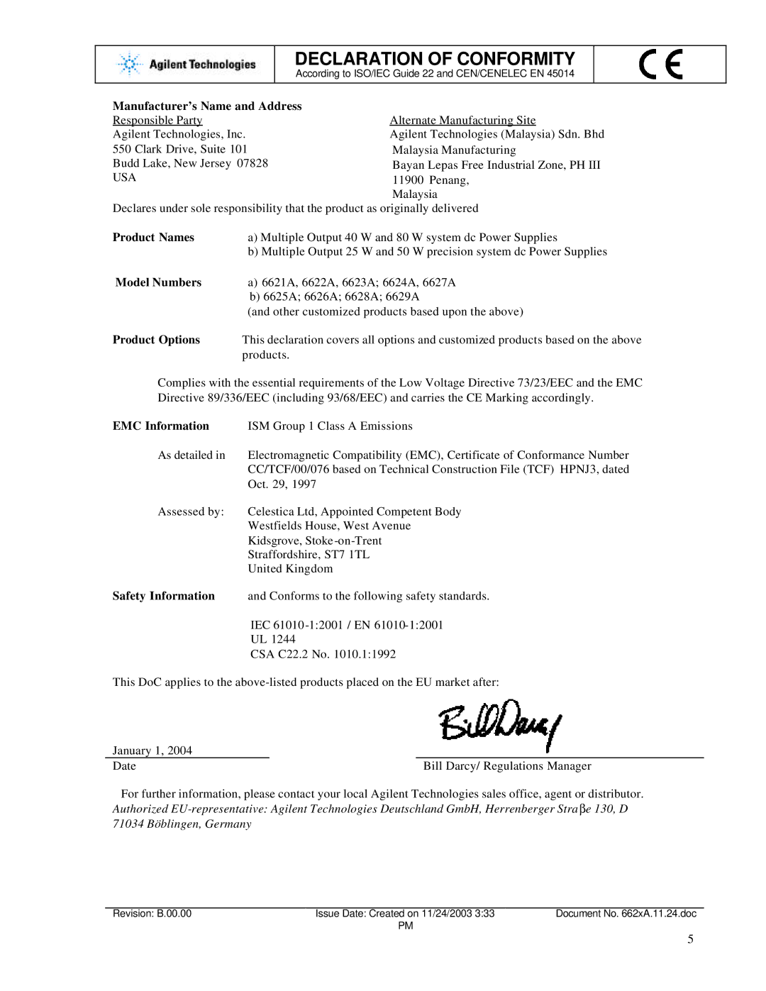 Agilent Technologies 6628A, 6626A, 6625A, 6629A manual Declaration of Conformity, Usa 