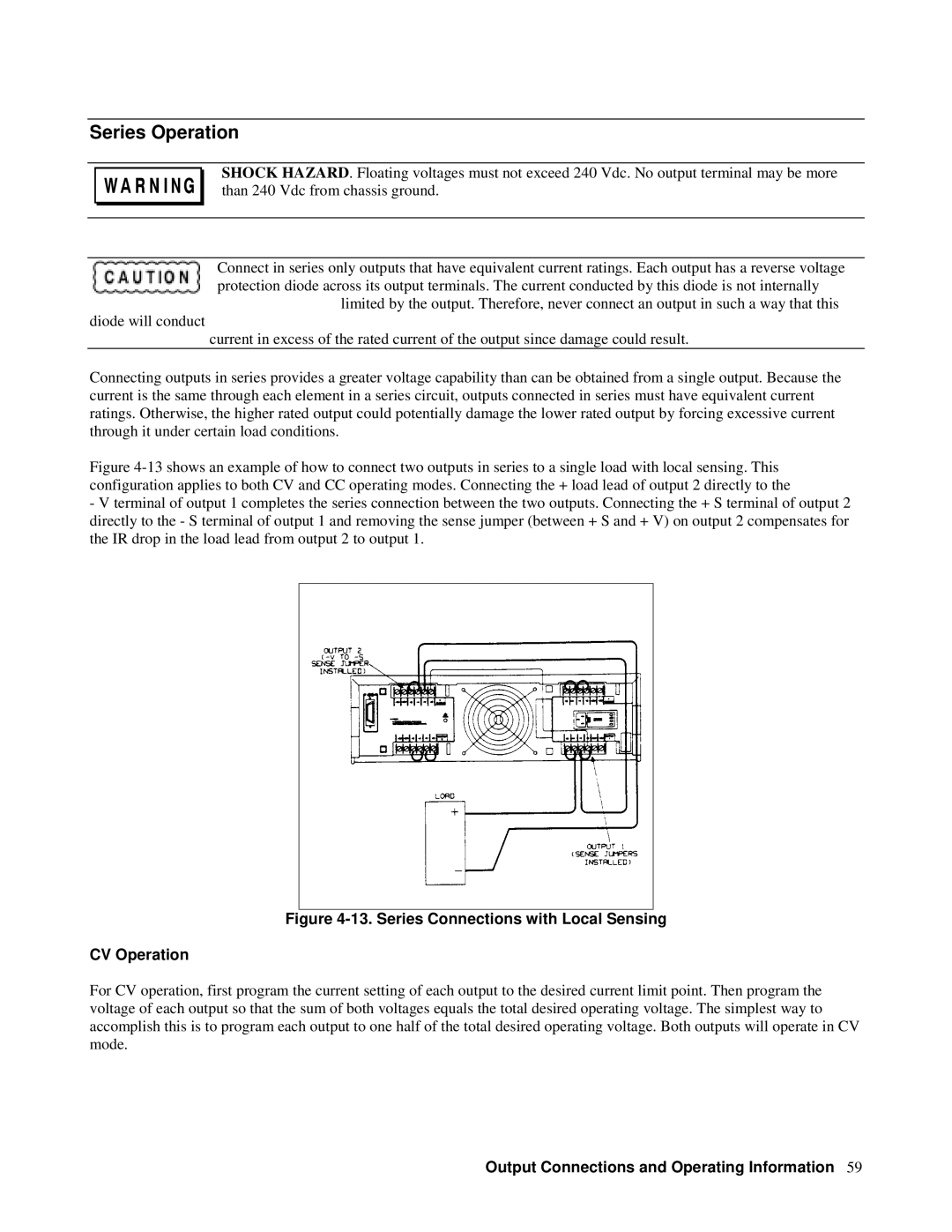 Agilent Technologies 6629A, 6626A, 6628A, 6625A manual Series Operation, Series Connections with Local Sensing CV Operation 