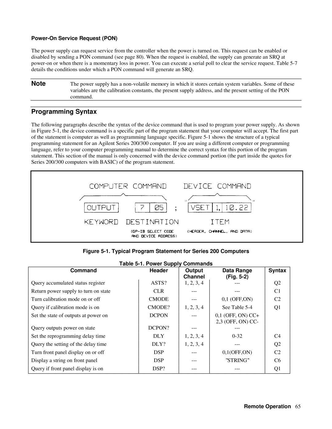 Agilent Technologies 6628A, 6626A, 6625A, 6629A Programming Syntax, Power-On Service Request PON, Syntax Remote Operation 