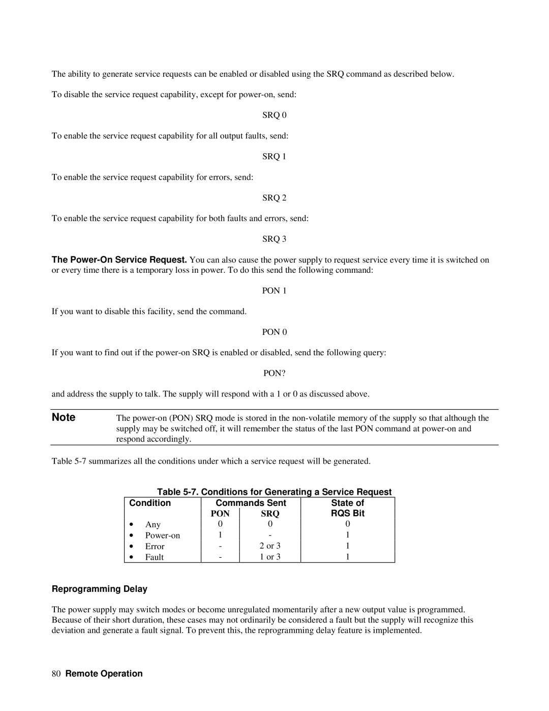 Agilent Technologies 6626A Conditions for Generating a Service Request, Commands Sent, State RQS Bit Reprogramming Delay 