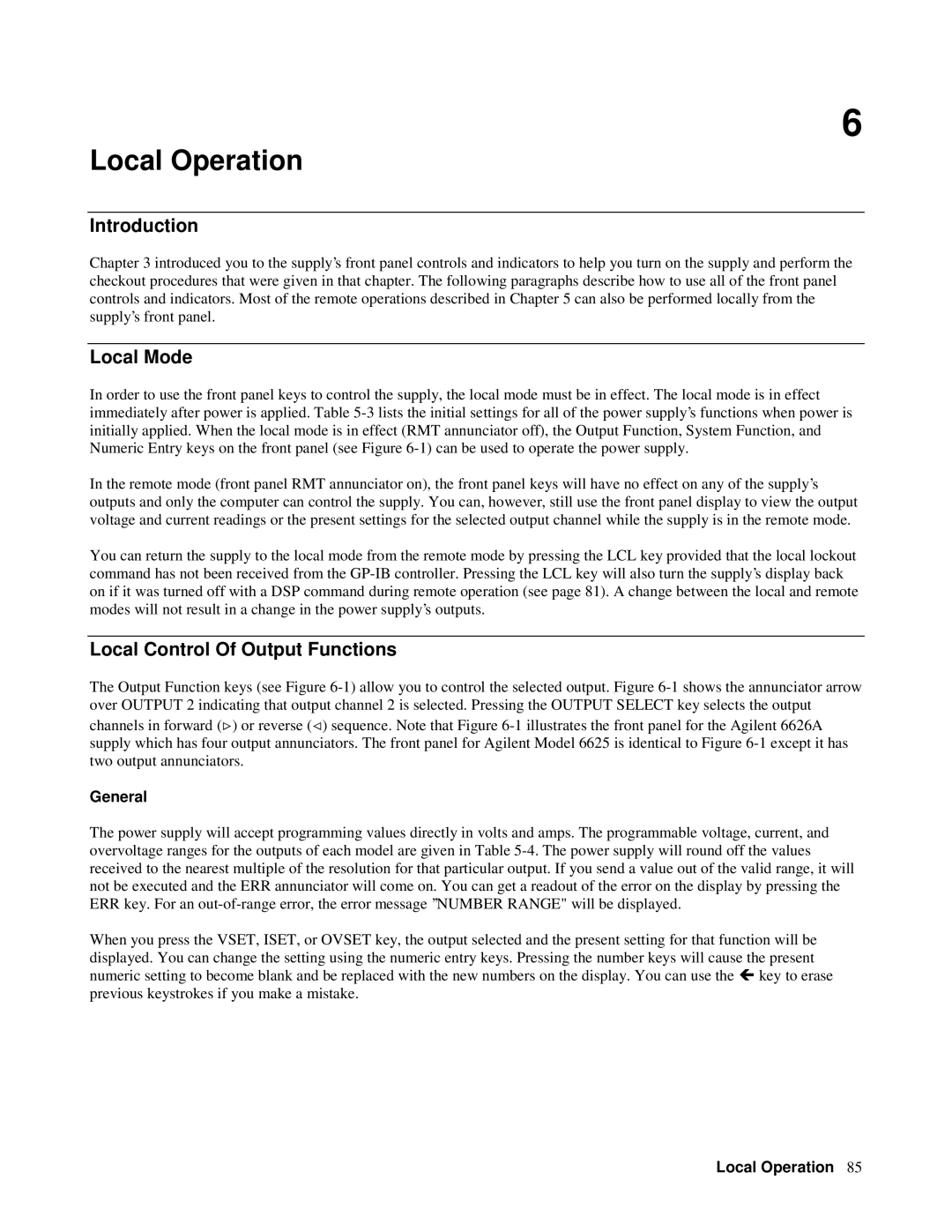 Agilent Technologies 6628A, 6626A, 6625A, 6629A manual Local Operation, Local Mode, Local Control Of Output Functions, General 
