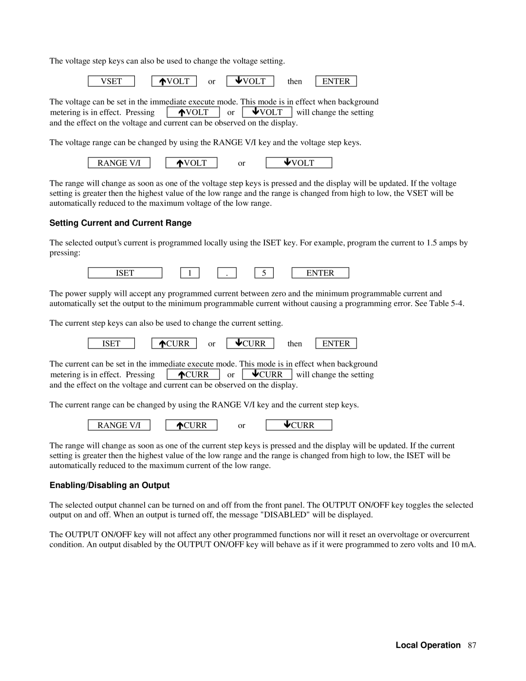 Agilent Technologies 6629A, 6626A, 6628A, 6625A manual Setting Current and Current Range, Enabling/Disabling an Output 