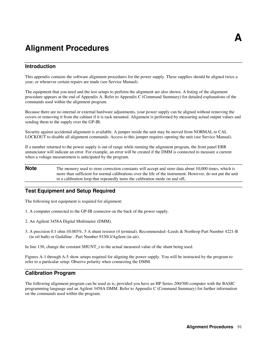 Agilent Technologies 6629A, 6626A, 6628A, 6625A Alignment Procedures, Test Equipment and Setup Required, Calibration Program 