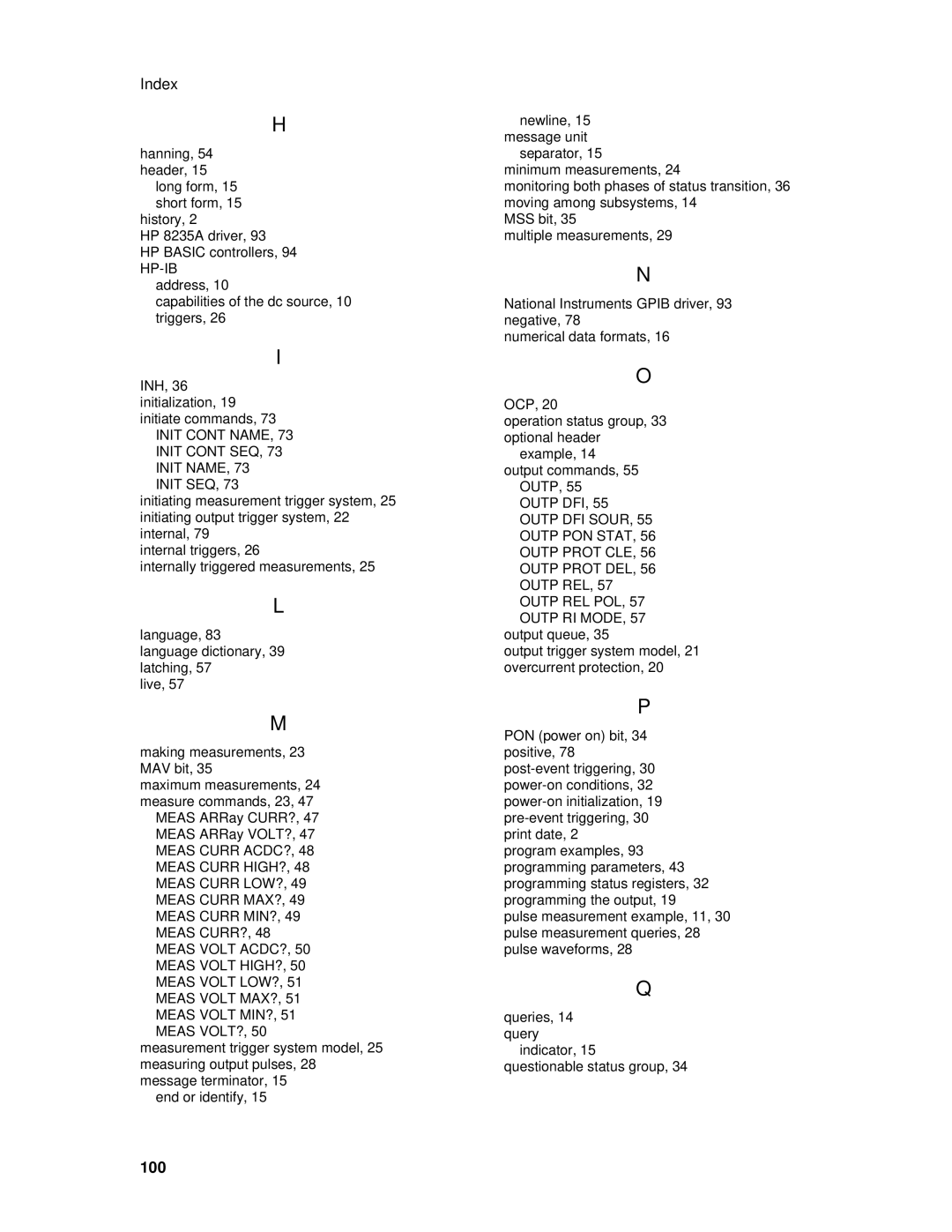 Agilent Technologies 6634B, 66332A, 6633B, 6632B, 6614C, 6613C, 6631B, 66312A, 6612C, 6611C manual Index, 100 