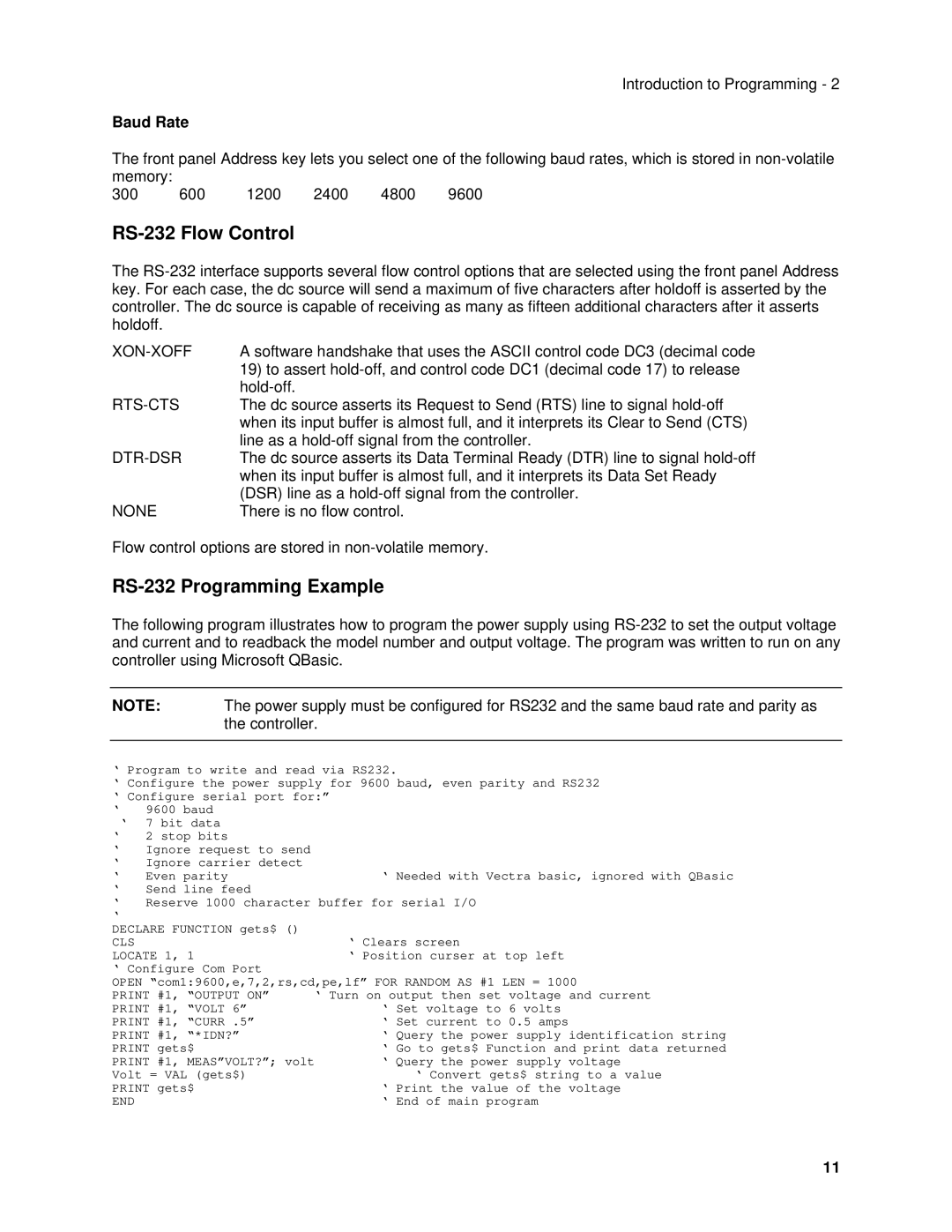 Agilent Technologies 66332A, 6634B, 6633B, 6632B, 6614C, 6613C manual RS-232 Flow Control, RS-232 Programming Example, Baud Rate 