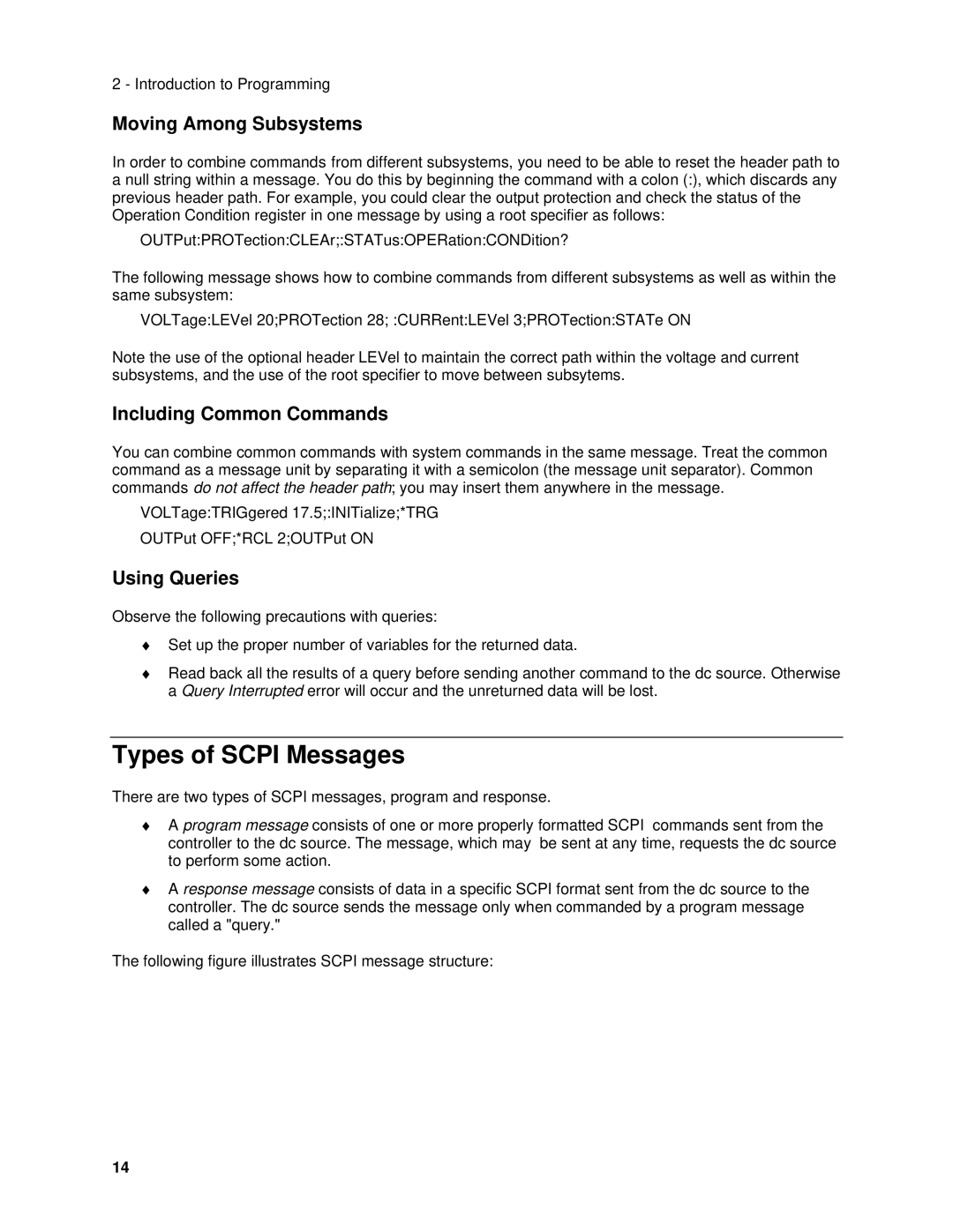 Agilent Technologies 6614C manual Types of Scpi Messages, Moving Among Subsystems, Including Common Commands, Using Queries 